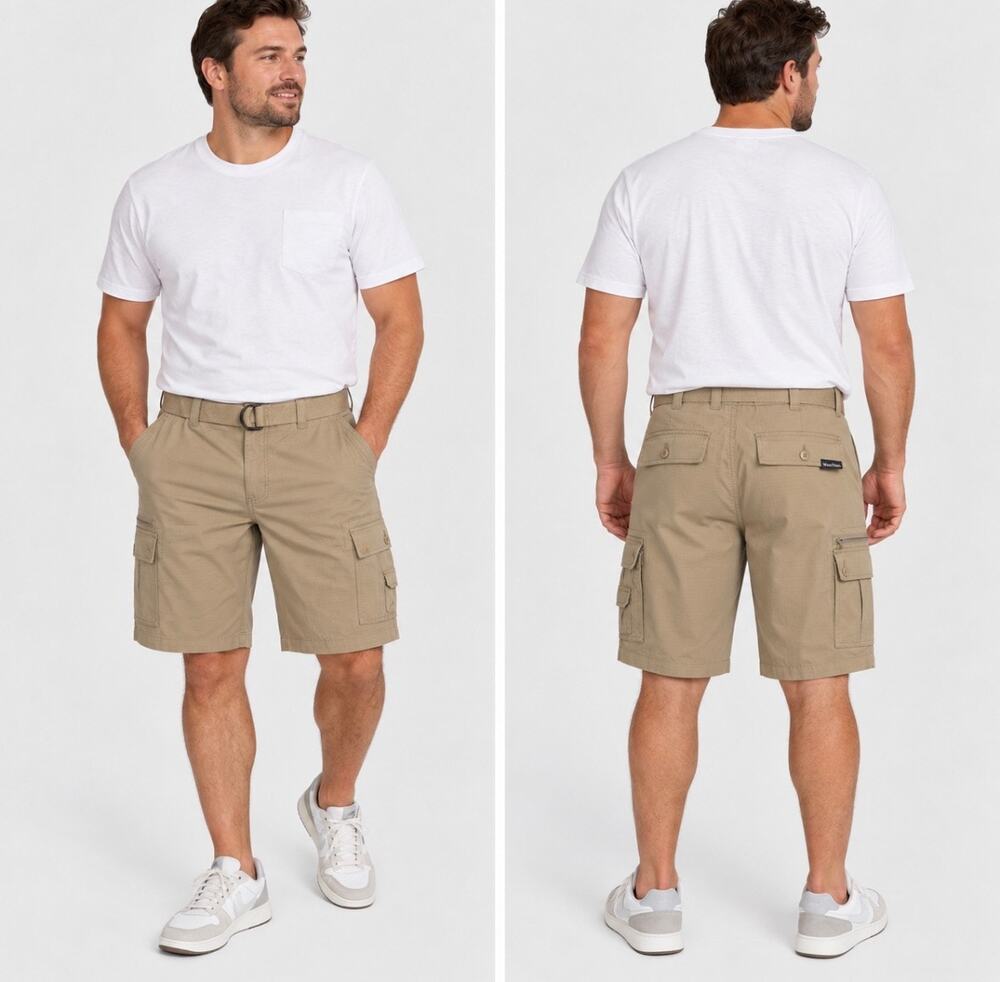 WearFirst Men’s 38 Khaki Cargo Shorts Free-Band Stretch NWT Belt